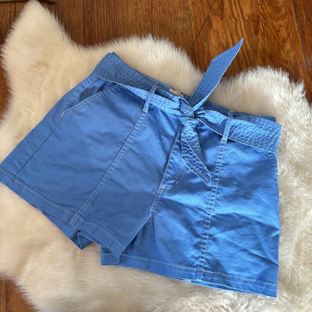 Solid Blue Belted High Waisted Shorts